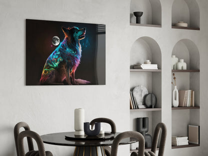 Rainbow Neon Sitting Dog And Moon Glass Wall Art