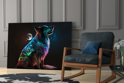 Rainbow Neon Sitting Dog And Moon Glass Wall Art