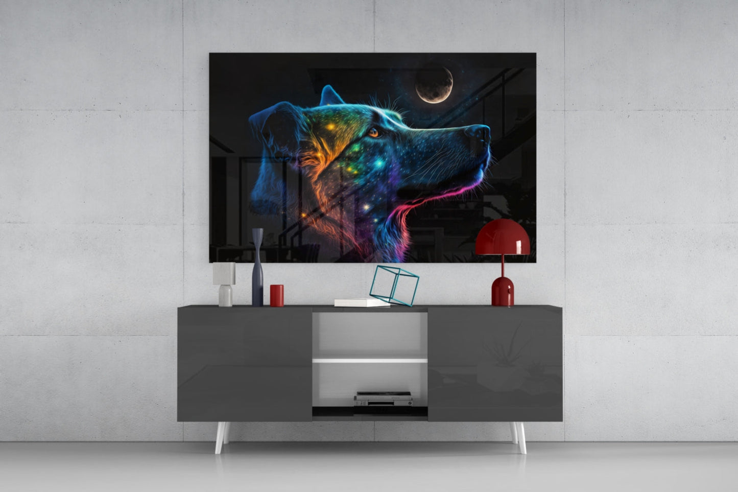 Neon Dog Profile Crescent Moon Glass Wall Art