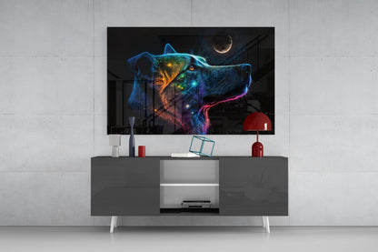 Neon Dog Profile Crescent Moon Glass Wall Art