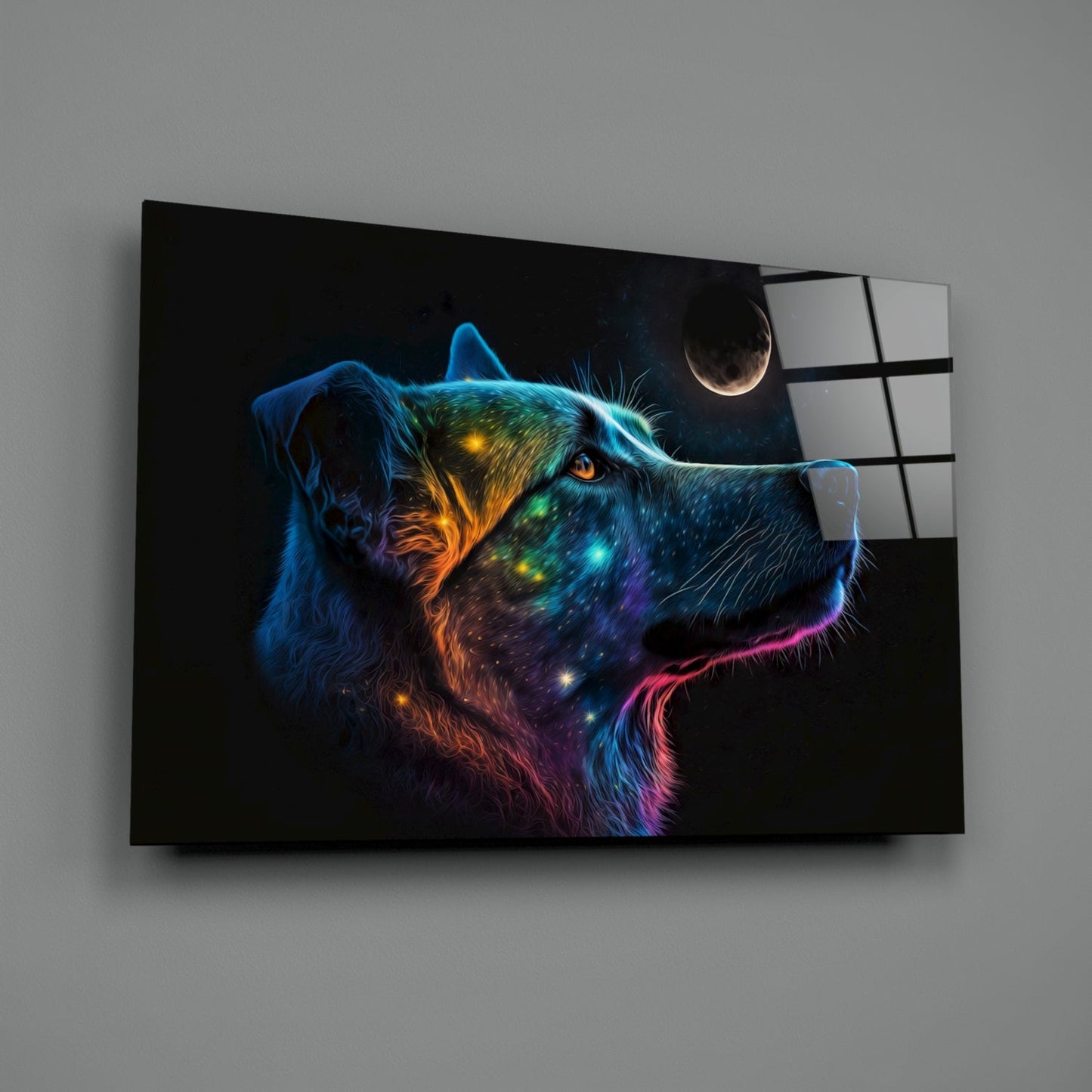 Neon Dog Profile Crescent Moon Glass Wall Art