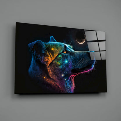 Neon Dog Profile Crescent Moon Glass Wall Art