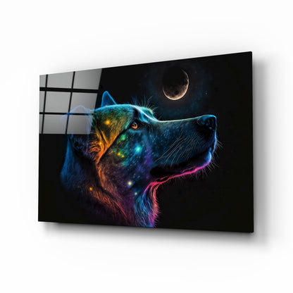 Neon Dog Profile Crescent Moon Glass Wall Art