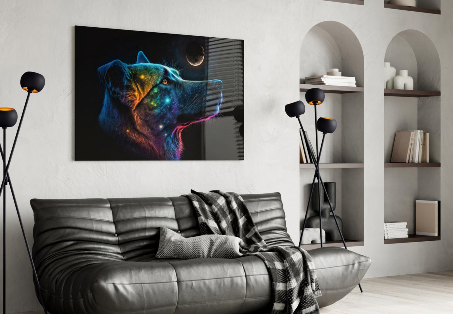 Neon Dog Profile Crescent Moon Glass Wall Art
