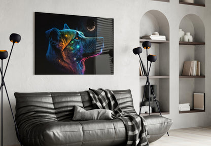 Neon Dog Profile Crescent Moon Glass Wall Art