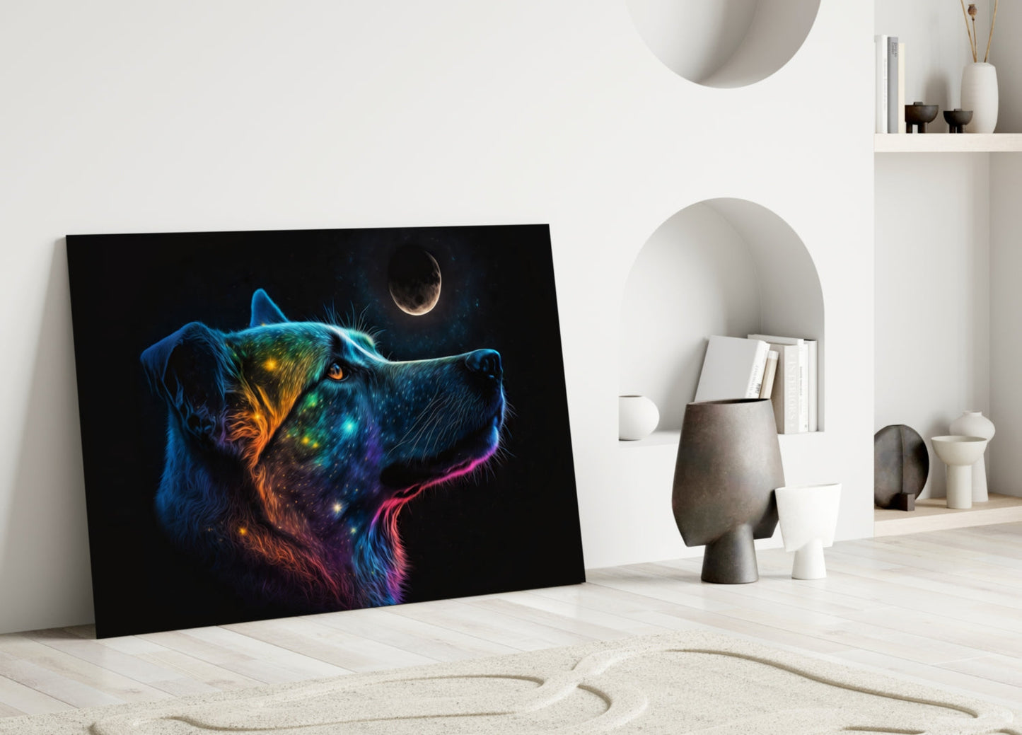 Neon Dog Profile Crescent Moon Glass Wall Art