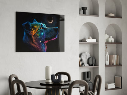 Neon Dog Profile Crescent Moon Glass Wall Art