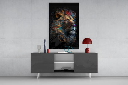 Copper Blue Swirling Mane Lion Glass Wall Art