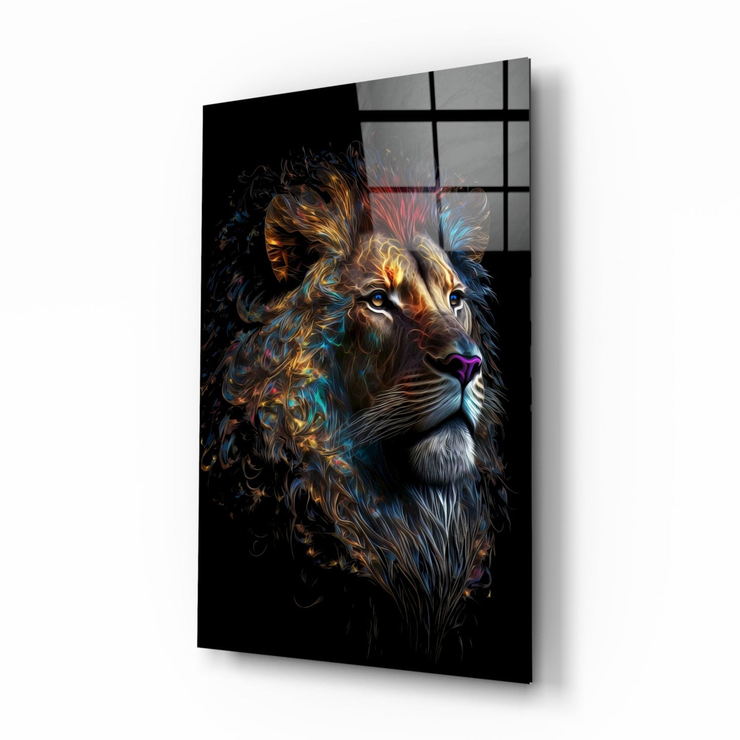 Copper Blue Swirling Mane Lion Glass Wall Art