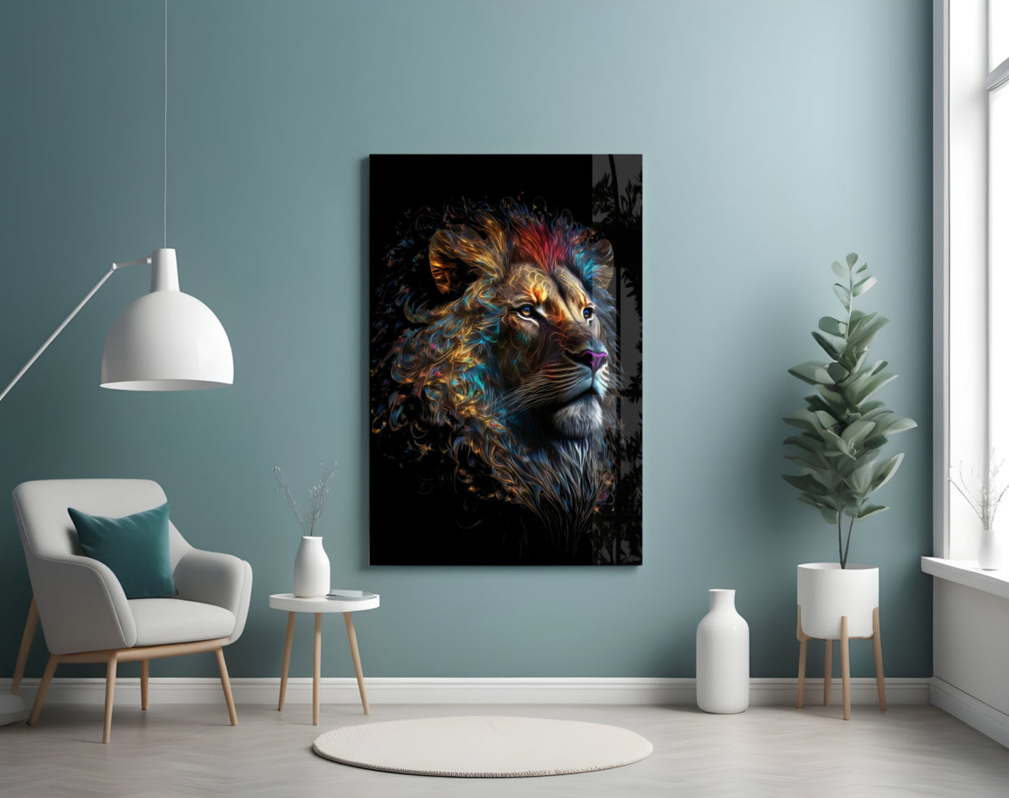Copper Blue Swirling Mane Lion Glass Wall Art
