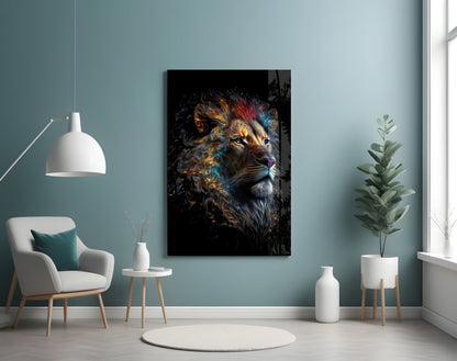 Copper Blue Swirling Mane Lion Glass Wall Art