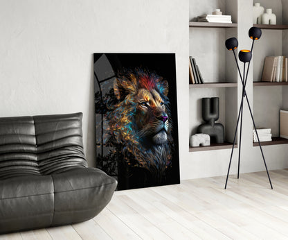 Copper Blue Swirling Mane Lion Glass Wall Art