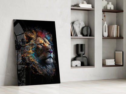 Copper Blue Swirling Mane Lion Glass Wall Art