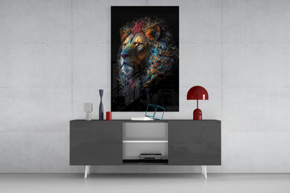 Jewel Tone Curly Mane Lion Portrait Glass Wall Art