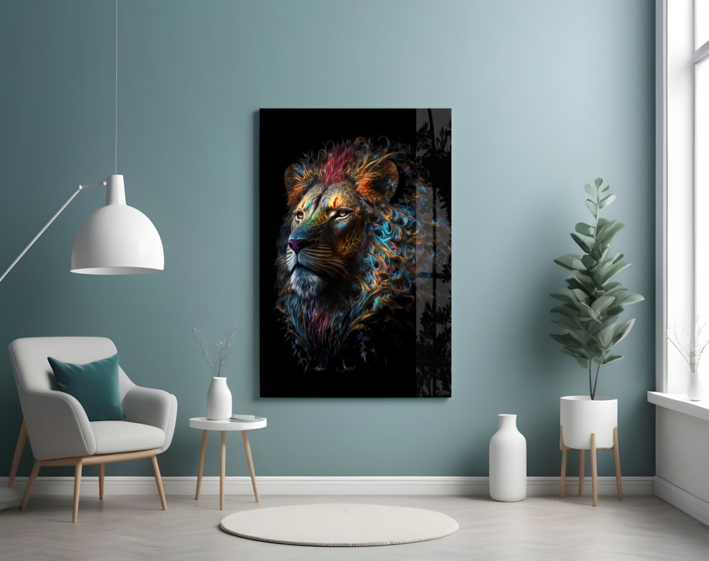 Jewel Tone Curly Mane Lion Portrait Glass Wall Art