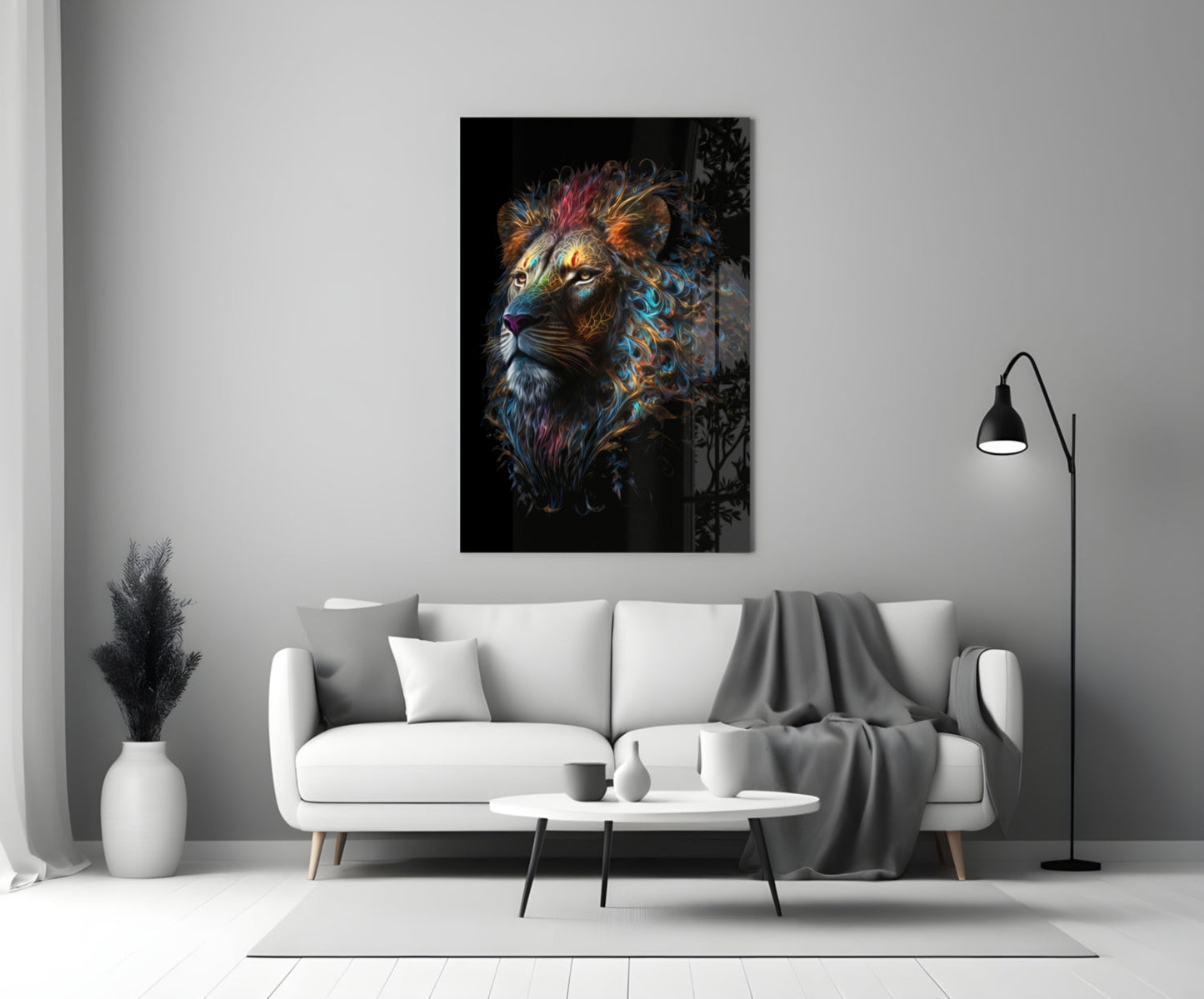 Jewel Tone Curly Mane Lion Portrait Glass Wall Art