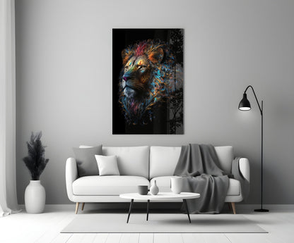 Jewel Tone Curly Mane Lion Portrait Glass Wall Art