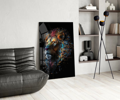 Jewel Tone Curly Mane Lion Portrait Glass Wall Art