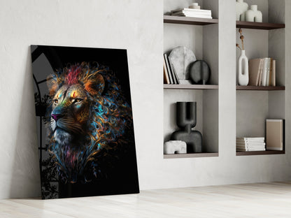 Jewel Tone Curly Mane Lion Portrait Glass Wall Art
