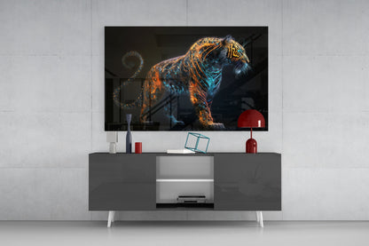 Copper Teal Standing Tiger Curl Tail Glass Wall Art