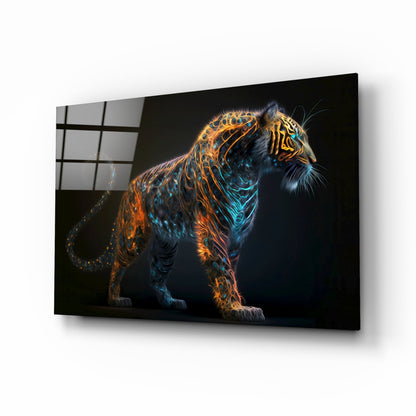 Copper Teal Standing Tiger Curl Tail Glass Wall Art