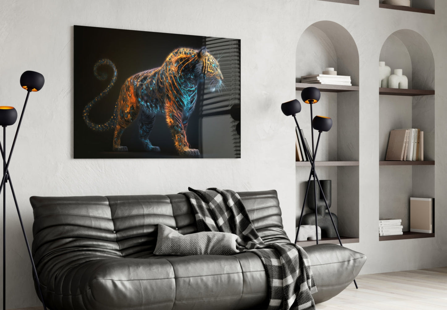 Copper Teal Standing Tiger Curl Tail Glass Wall Art