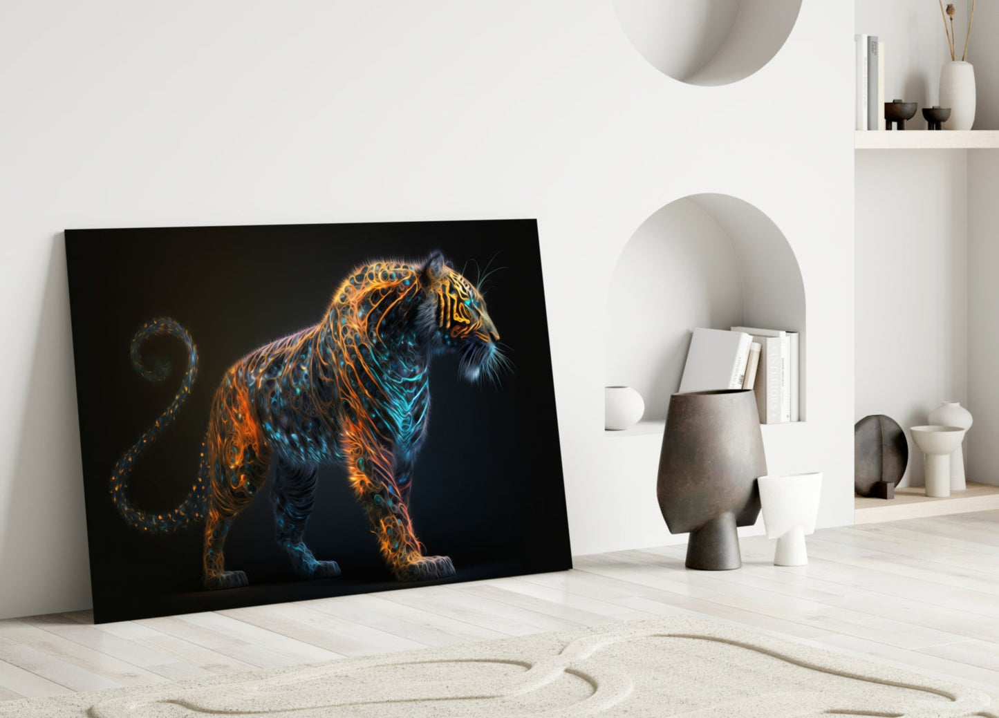 Copper Teal Standing Tiger Curl Tail Glass Wall Art