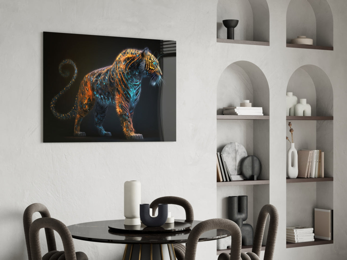 Copper Teal Standing Tiger Curl Tail Glass Wall Art