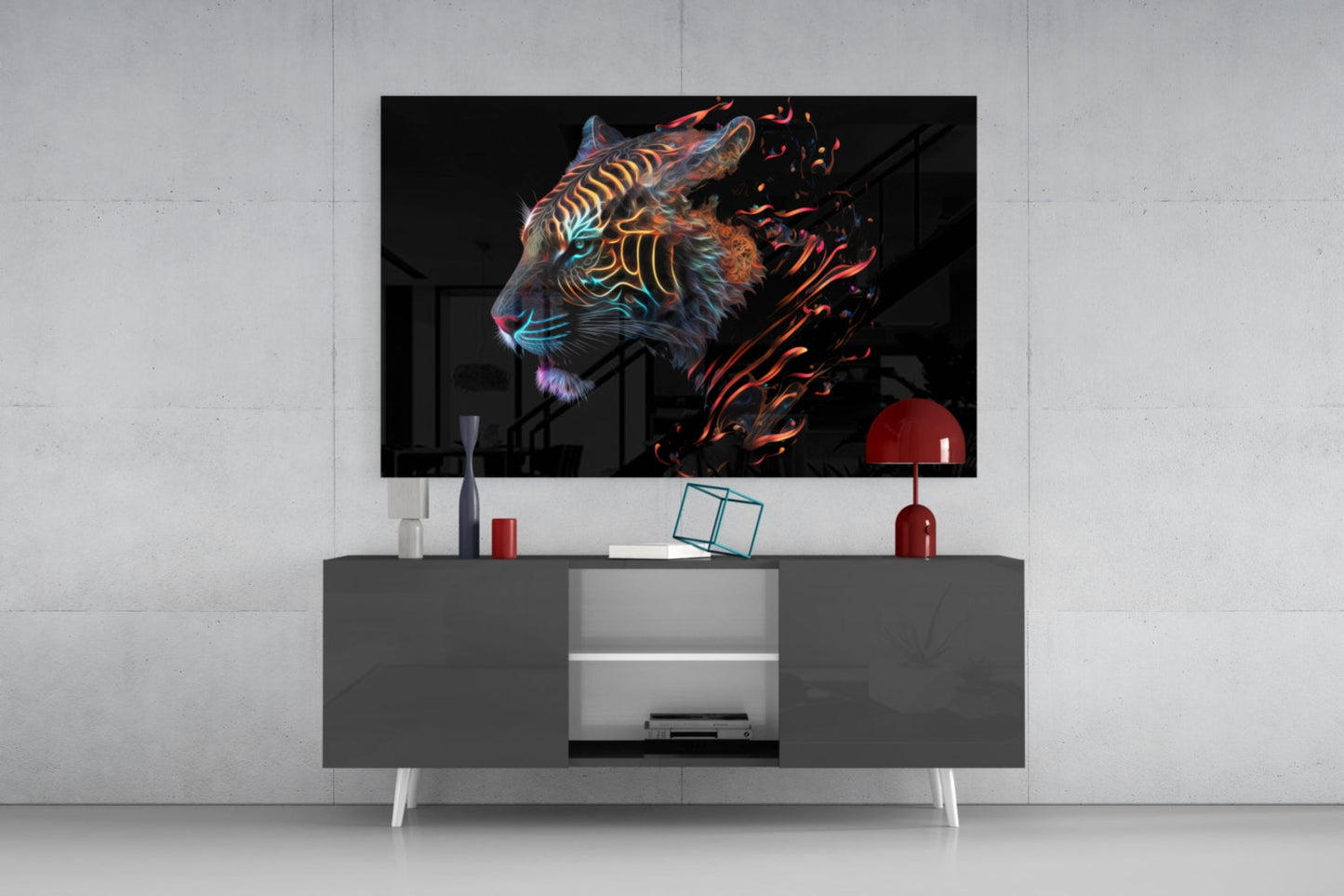 Neon Outline Tiger Head Flames Glass Wall Art