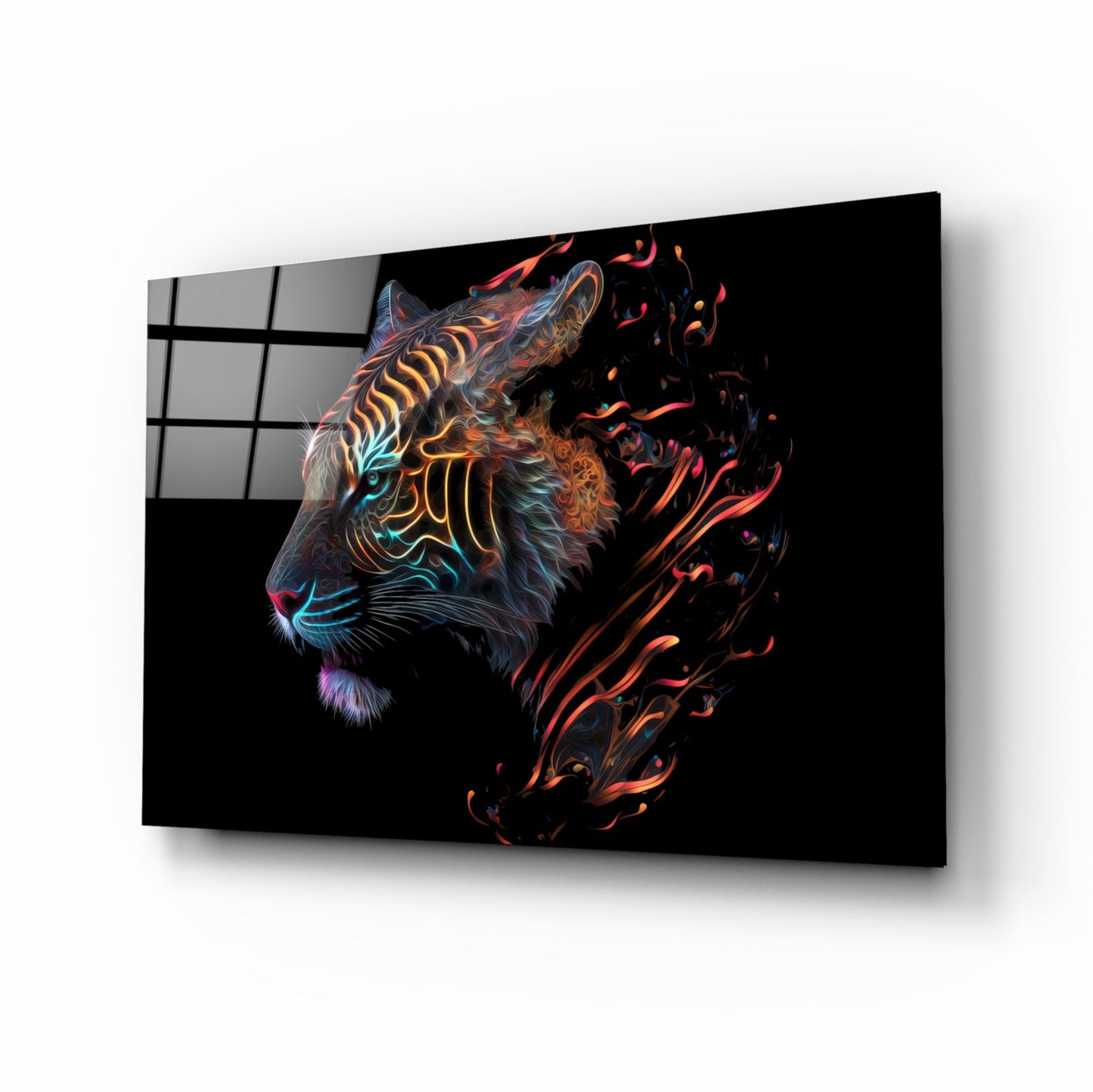 Neon Outline Tiger Head Flames Glass Wall Art