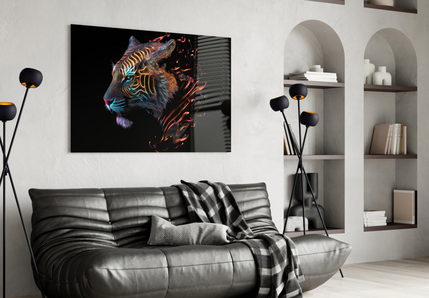 Neon Outline Tiger Head Flames Glass Wall Art
