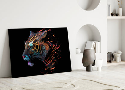 Neon Outline Tiger Head Flames Glass Wall Art
