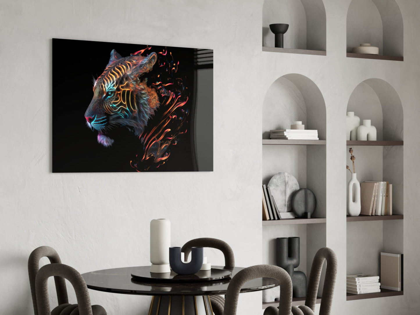 Neon Outline Tiger Head Flames Glass Wall Art