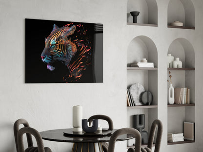 Neon Outline Tiger Head Flames Glass Wall Art