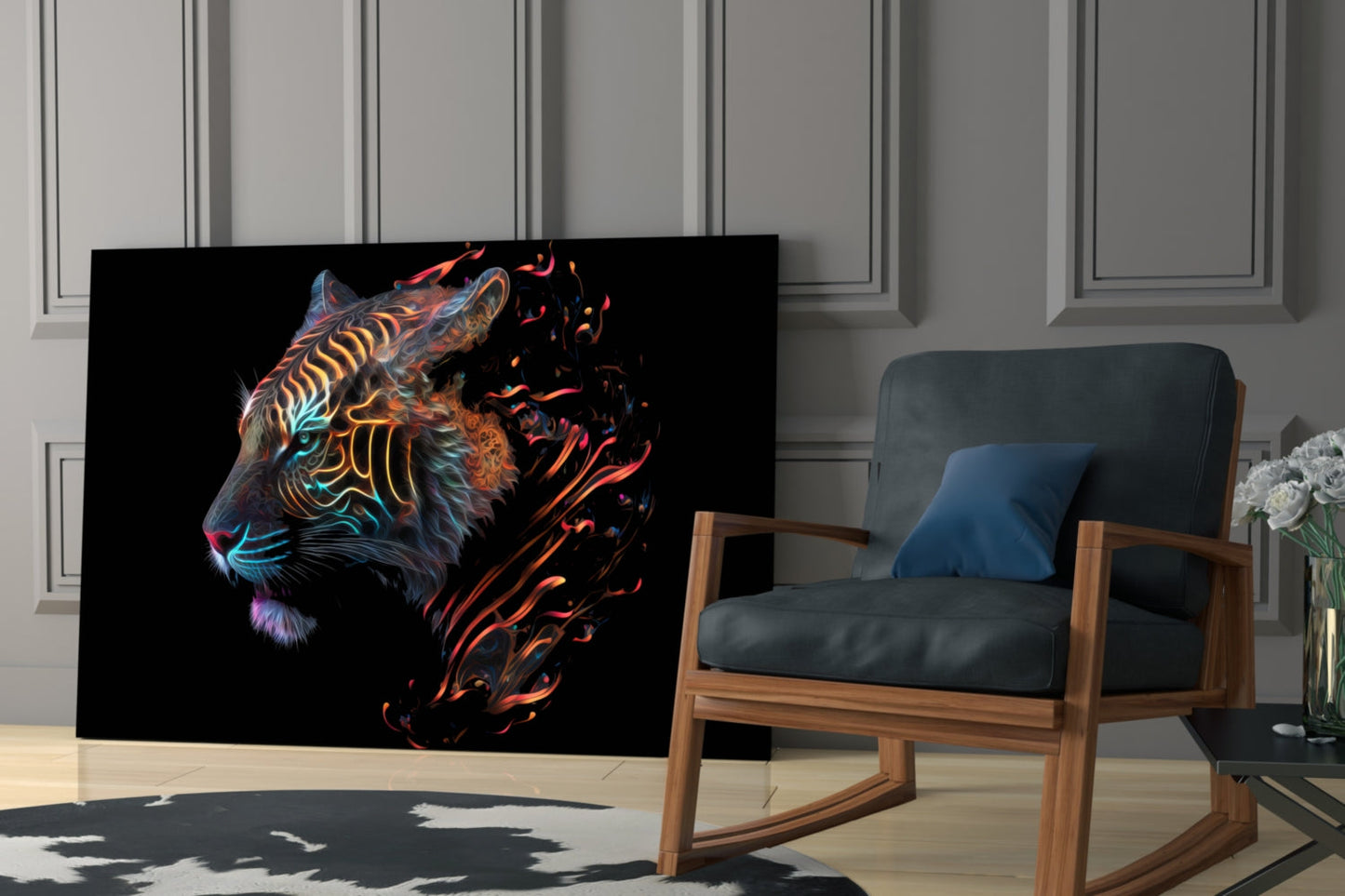 Neon Outline Tiger Head Flames Glass Wall Art