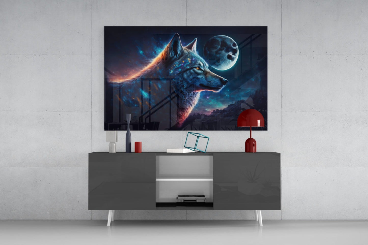 Blue Galaxy Wolf Profile Full Moon Glass Wall Art