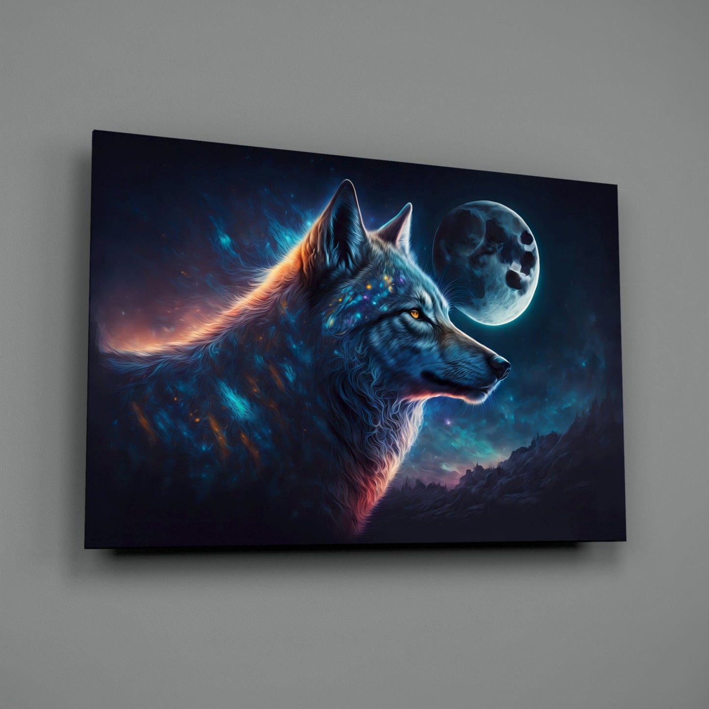 Blue Galaxy Wolf Profile Full Moon Glass Wall Art