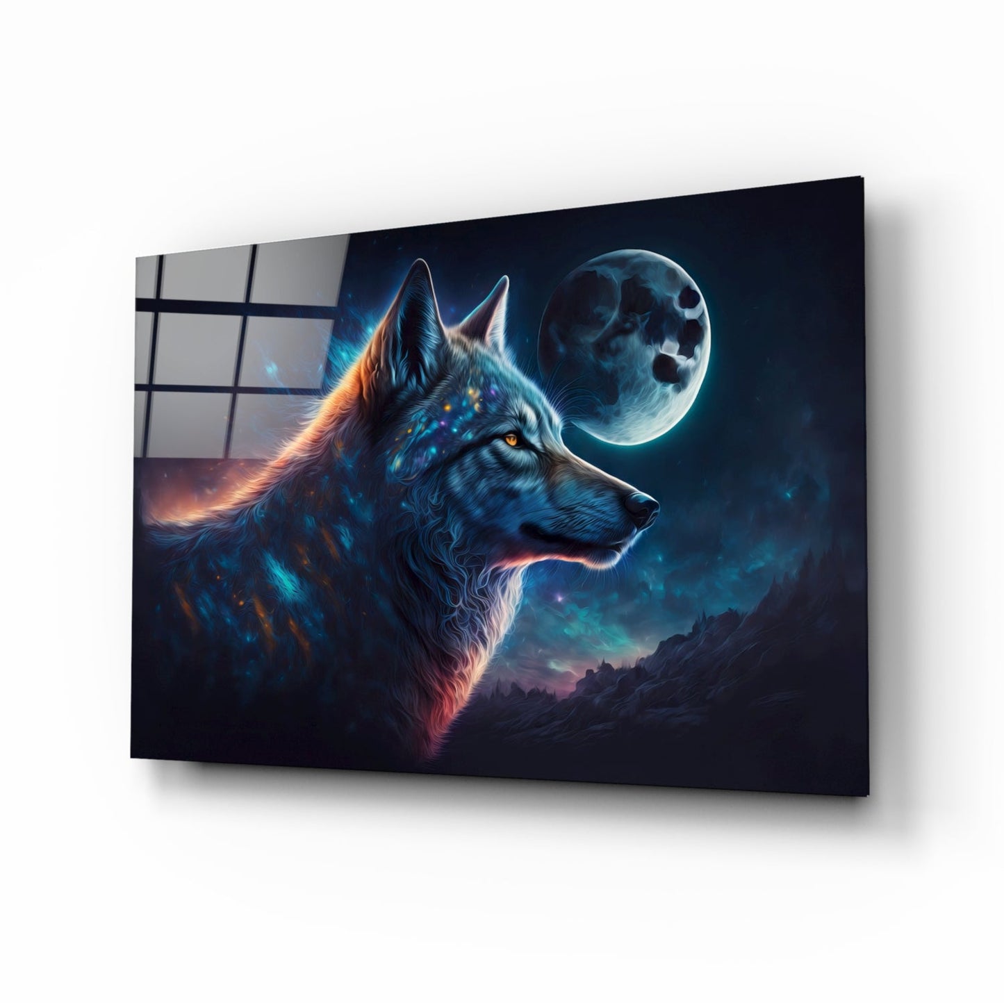Blue Galaxy Wolf Profile Full Moon Glass Wall Art