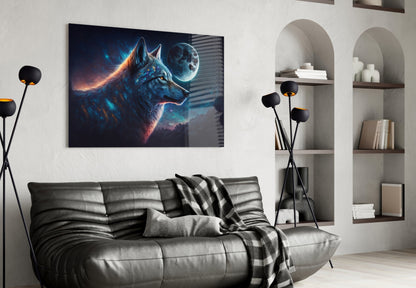 Blue Galaxy Wolf Profile Full Moon Glass Wall Art