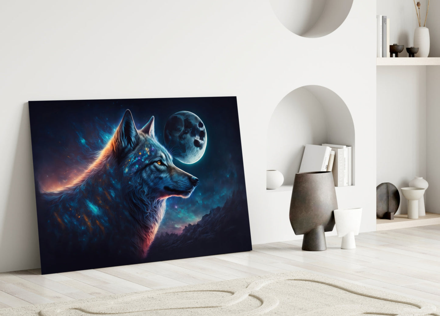 Blue Galaxy Wolf Profile Full Moon Glass Wall Art