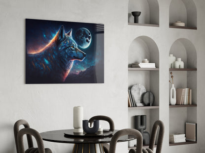 Blue Galaxy Wolf Profile Full Moon Glass Wall Art