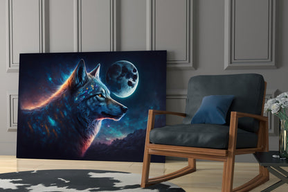 Blue Galaxy Wolf Profile Full Moon Glass Wall Art