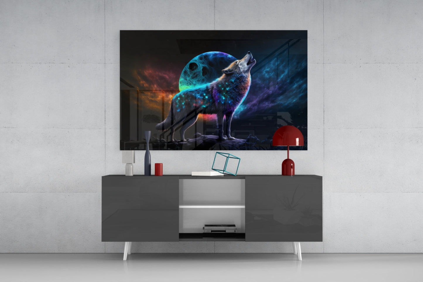 Neon Wolf Howling On Rocky Ridge Glass Wall Art