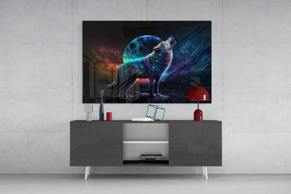 Neon Wolf Howling On Rocky Ridge Glass Wall Art
