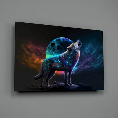 Neon Wolf Howling On Rocky Ridge Glass Wall Art
