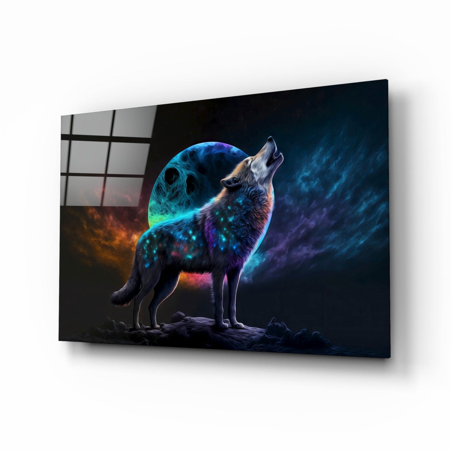 Neon Wolf Howling On Rocky Ridge Glass Wall Art