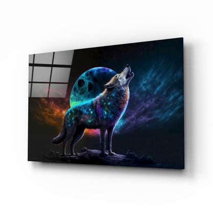 Neon Wolf Howling On Rocky Ridge Glass Wall Art