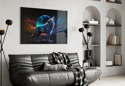 Neon Wolf Howling On Rocky Ridge Glass Wall Art