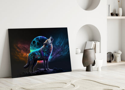 Neon Wolf Howling On Rocky Ridge Glass Wall Art