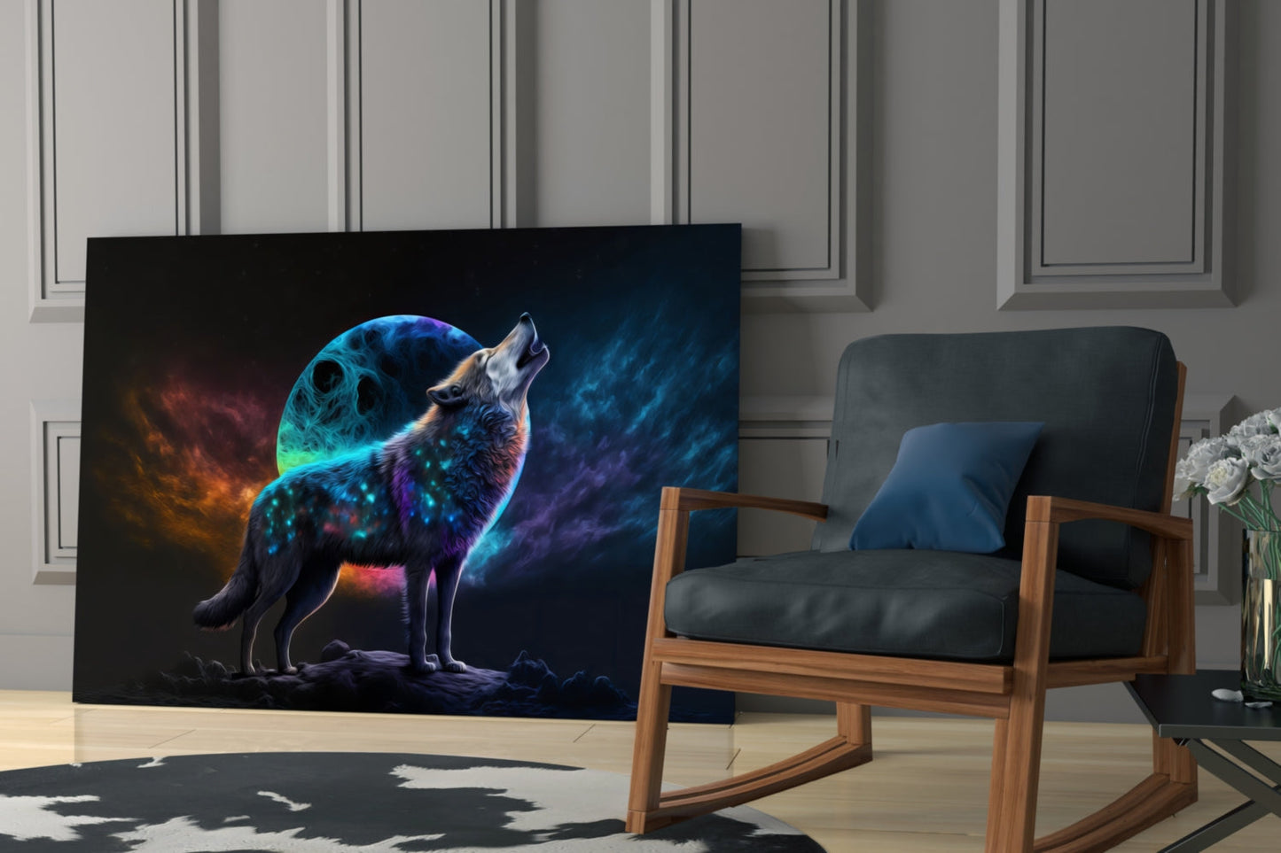 Neon Wolf Howling On Rocky Ridge Glass Wall Art